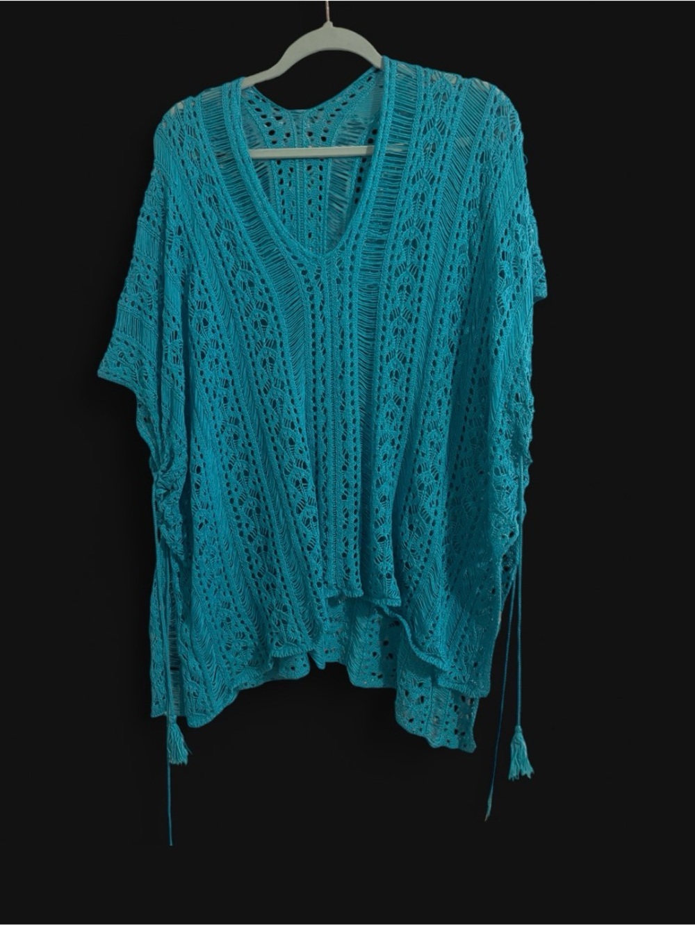 Open-Knit V-Neck Women’s Sweater Poncho in Teal